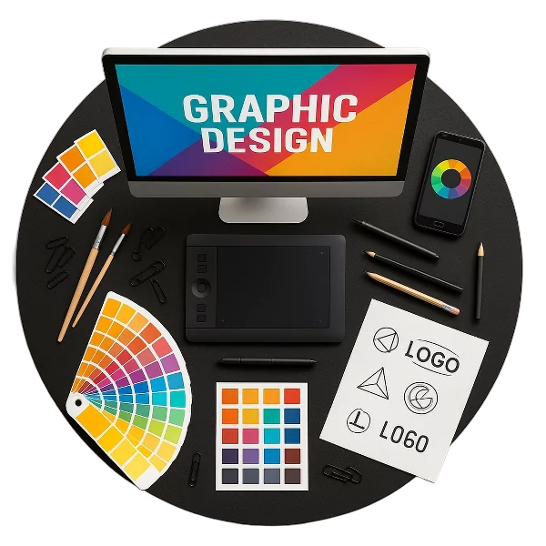 מסך מחשב שרשום עליו עיצוב גרפי וליד כלים של עיצוב גרפי